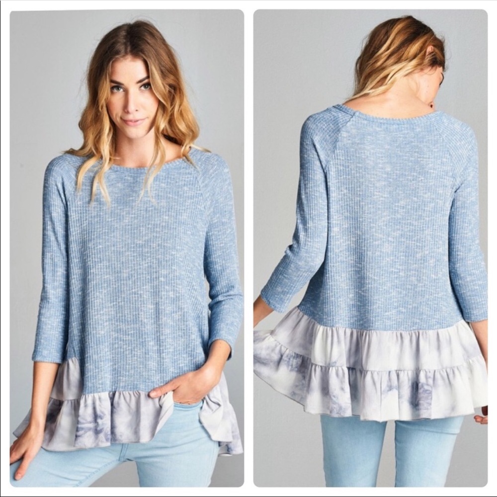 3/4 sleeve rib knit top with ruffle contrast hem - Picture 6 of 7